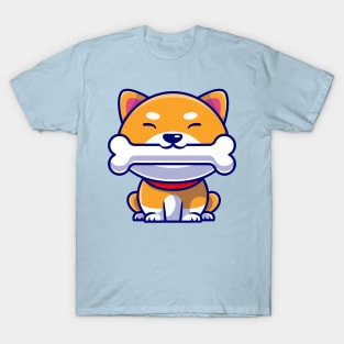 Cute Shiba Inu Dog Eating Bone Cartoon T-Shirt